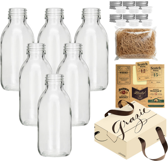 미르코리아 위스키 키트 바이알 유리병 D형 실버 100ml x 6p + 속마개 + 스티커 + 스타핑 + 선물상자 세트 FN125D, 1세트