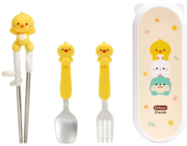 에디슨 프렌즈 오리 4종 케이스 세트, 옐로우, 1세트, 스푼 + 젓가락 + 포크 + 케이스