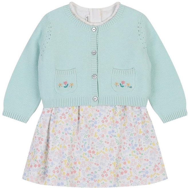 agabang 新生兒送禮用 鬱金香花朵開襟衫 + 棉質連身裙 + 包裝組 + 提袋