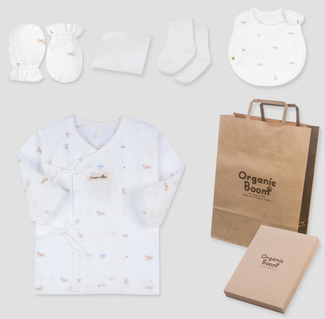 오가닉붐 여름용 말띠해 배냇저고리 + 턱받이 + 손싸개 + 양말 + 손수건 + 상자 세트 + 쇼핑백