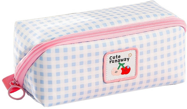 DOnG-A Pms 格紋布料大容量收納筆袋, 1個, 天空藍