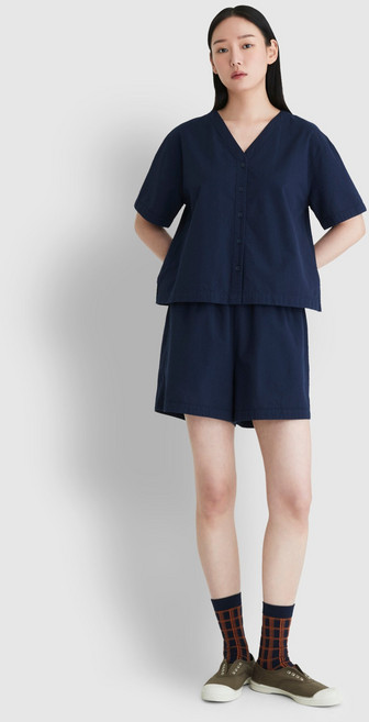 JAJU 女款泡泡紗V領三分睡衣上衣 下褲