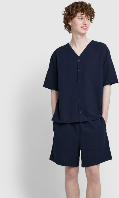 JAJU 남성용 시어서커 브이넥 4부 파자마 상의 하의