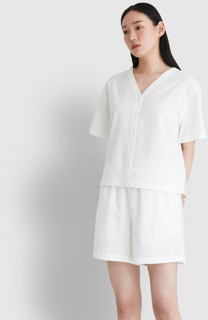 JAJU 여성용 시어서커 브이넥 3부 파자마 상의 하의