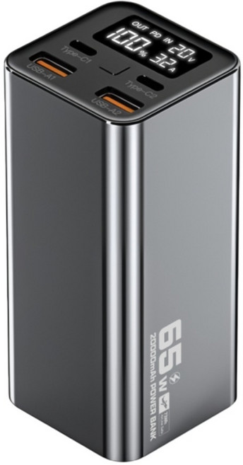 POLYWELL 寶利威爾 雙向快充大螢幕顯示鋁合金外殼65W大功率行動電源 20000mAh USB-A + Type-C, 灰色, DDS016-03