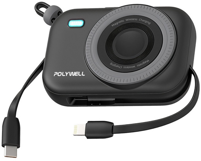 POLYWELL 寶利威爾 自帶線迷你磁吸行動電源 10000mAh Type-C + Lightning 手機 耳機 手錶 無線充適用, 黑色, S014P01