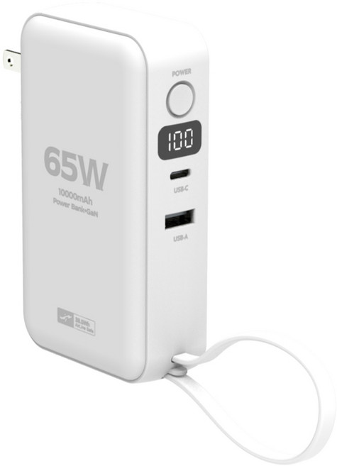 POLYWELL 寶利威爾 數位電量顯示65W2合1自帶線行動電源/充電器 10000mAh USB-A + Type-C 11.5 x 6.5 x 3.2cm, 白色, ADS014-02