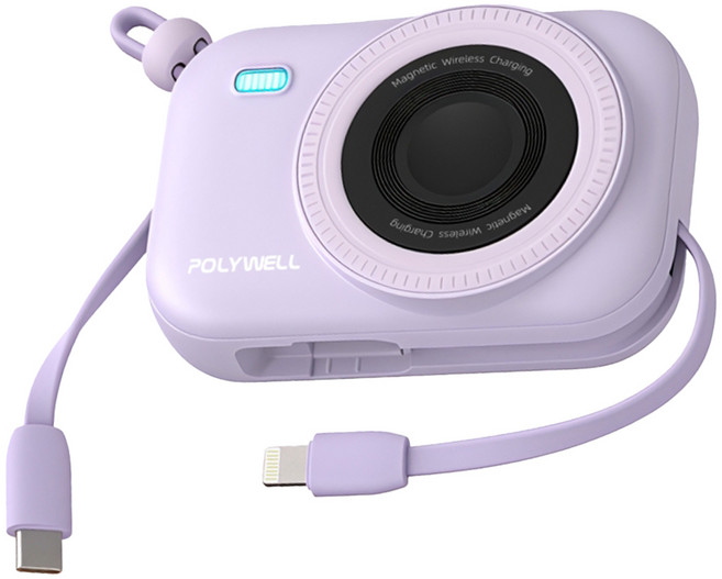 POLYWELL 寶利威爾 自帶線迷你磁吸行動電源 10000mAh Type-C + Lightning 手機 耳機 手錶 無線充適用, 紫色, S014P01