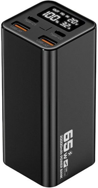 POLYWELL 寶利威爾 雙向快充大螢幕顯示鋁合金外殼65W大功率行動電源 20000mAh Type-C + USB, 黑色, DDS016-03