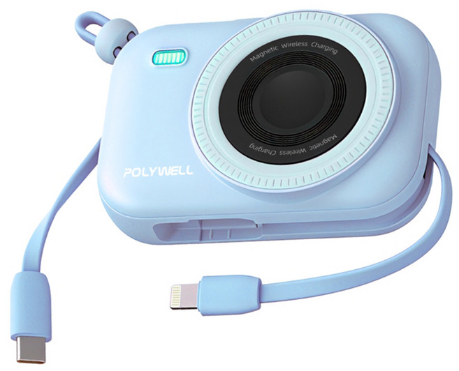 POLYWELL 寶利威爾 自帶線迷你磁吸行動電源 10000mAh Type-C + Lightning 手機 耳機 手錶 無線充適用, 藍色, S014P01