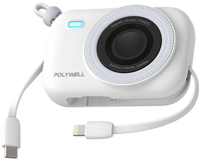POLYWELL 寶利威爾 自帶線迷你磁吸行動電源 10000mAh Type-C + Lightning 手機 耳機 手錶 無線充適用, 白色, S014P01