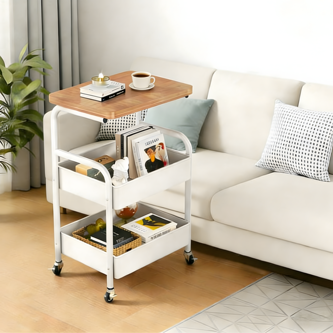 프란다스 바퀴달린 이동식 철재 가정용 360도 회전 트롤리, 원목 화이트, 3단