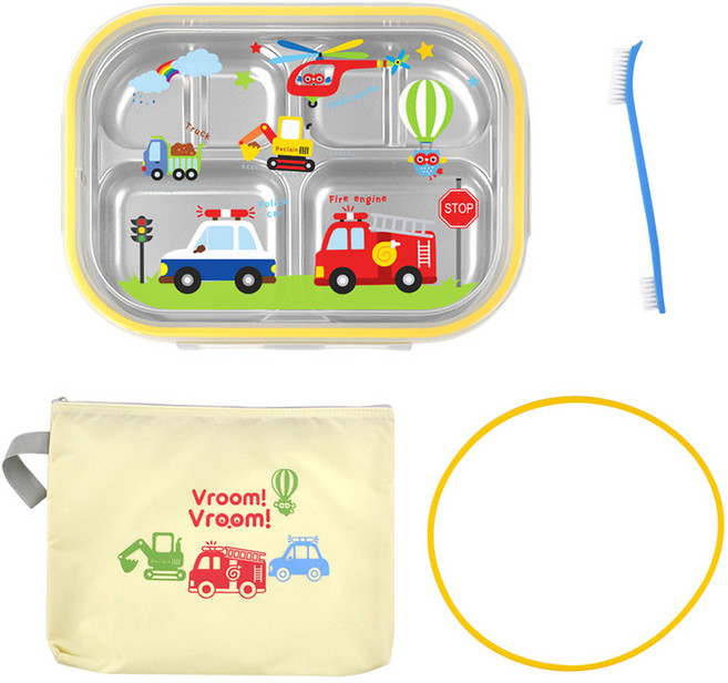 키친유 부릉부릉 스텐 식판 4찬, 혼합색상, 1세트, 도시락 + 가방 + 실리콘패킹 + 세척솔