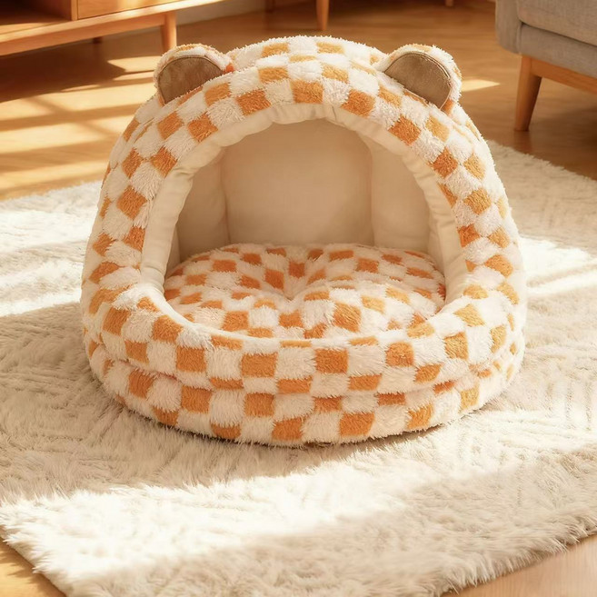 허니버블 반려동물 곰돌이 동굴 체크무늬 하우스 방석, 주황, 1개