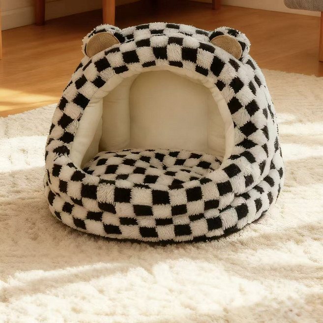 허니버블 반려동물 곰돌이 동굴 체크무늬 하우스 방석, 블랙, 1개