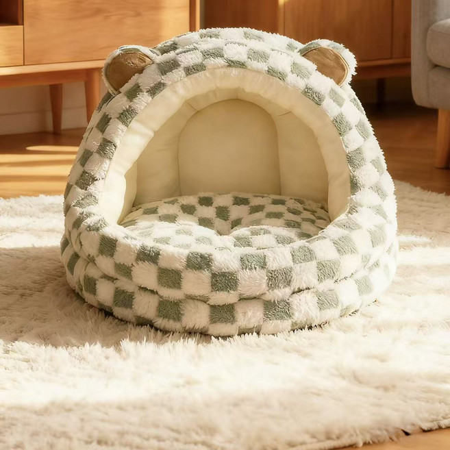허니버블 반려동물 곰돌이 동굴 체크무늬 하우스 방석, 그린, 1개