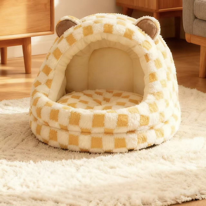 허니버블 반려동물 곰돌이 동굴 체크무늬 하우스 방석, 옐로우, 1개