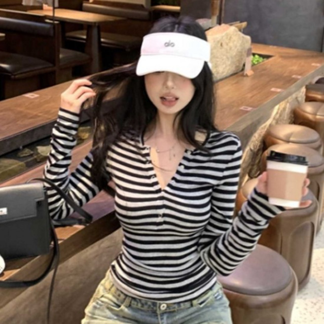 피어니스트 여성용 오픈 줄무늬 브이넥 단추 슬림 티셔츠