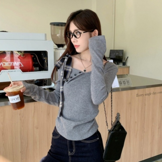 피어니스트 여성용 체크 리본 오프숄더 티셔츠