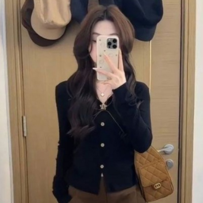 피어니스트 여성용 별단추 리본끈 니트 가디건