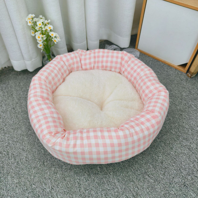 허니버블 반려동물 체크무늬 원형 도넛 꿀잠 방석 쿠션, 핑크, 1개