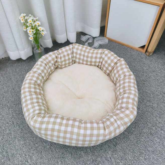 허니버블 반려동물 체크무늬 원형 도넛 꿀잠 방석 쿠션, 브라운, 1개