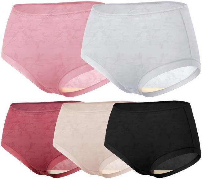 GIAT 吉亞特 輕涼柔肌蠶絲內褲加大款5件組 530928, 黑色 + 裸膚 + 酒紅 + 淺藍 + 嫩粉