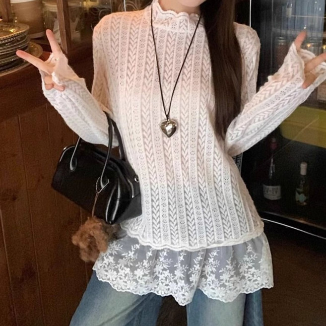 라라티나 여성용 레이스 시스루 긴팔 니트