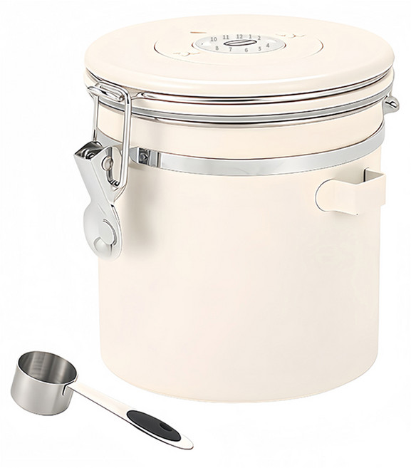 LZQ 304不銹鋼咖啡粉密封罐 附勺子 1.2L, 米白色, 1個