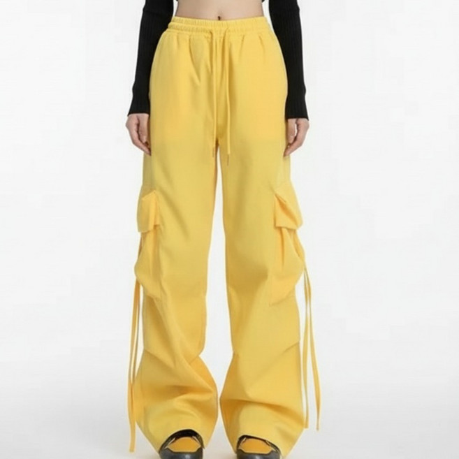 마켓피아 여성용 카고 와이드 밴딩 스트링 팬츠