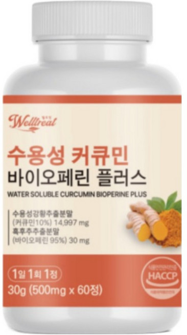 Welltreat 水溶性薑黃素與黑胡椒鹼元 PLUS, 1個, 60錠