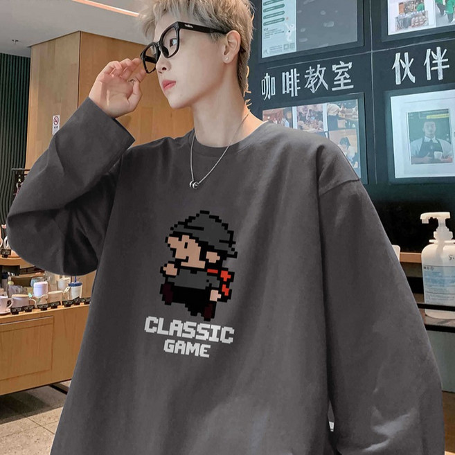 더플로우커머스 남성용 클래식 게임 프린트 루즈핏 긴팔 티셔츠