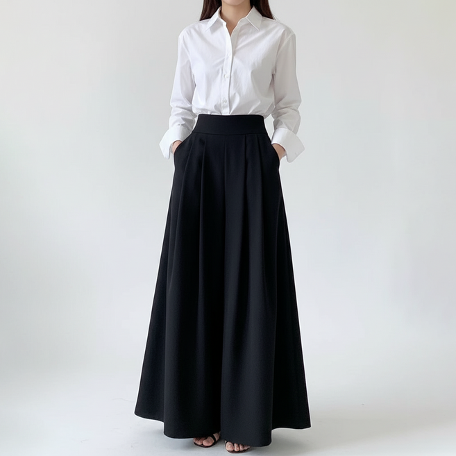 마켓피아 여성용 봄여름 와이드 플리츠 롱 스커트 팬츠