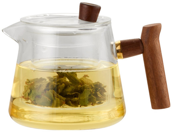 발룬피니 내열유리 우드핸들 차 거름망 티포트 티메이커, 혼합색상, 1개, 640ml