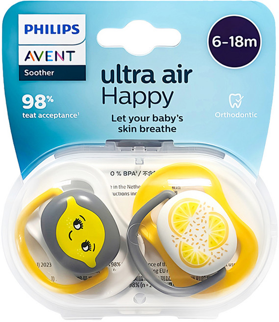 PHILIPS 飛利浦 AVENT 新安怡 透氣安撫奶嘴 水果造型 SCF080-18, 6~18個月, 檸檬笑臉 + 檸檬切片, 1套