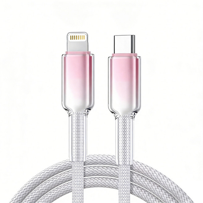樂樂 冰晶頭PD30W快充線 Type-C-Lightning 彩色編織充電線, 灰白粉, 1個, 100cm