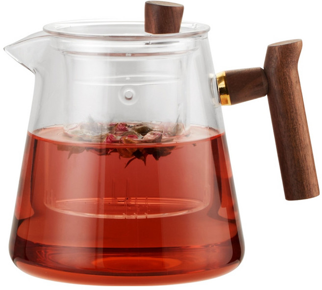 발룬피니 내열유리 우드핸들 차 거름망 티포트 티메이커, 혼합색상, 1개, 920ml
