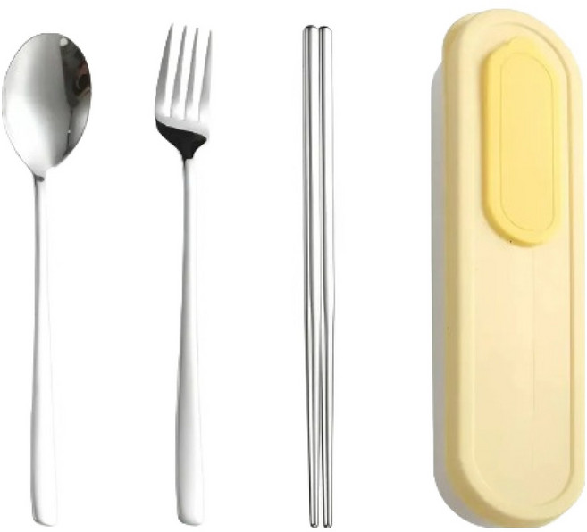 나리다 스테인리스 304 휴대용 수저세트, 옐로우, 1세트, 숟가락 + 젓가락 + 포크 + 케이스