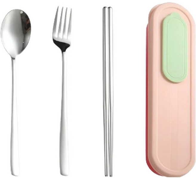 나리다 스테인리스 304 휴대용 수저세트, 핑크, 1세트, 숟가락 + 젓가락 + 포크 + 케이스