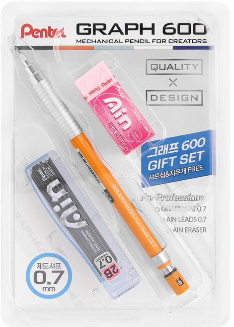 펜텔 그래프 600 0.7mm 기프트 세트 PG603-PLE, 핑크(지우개), 오렌지(샤프), 1세트
