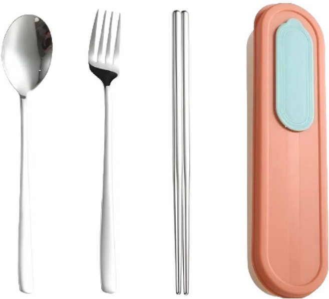 나리다 스테인리스 304 휴대용 수저세트, 오렌지, 1세트, 숟가락 + 젓가락 + 포크 + 케이스