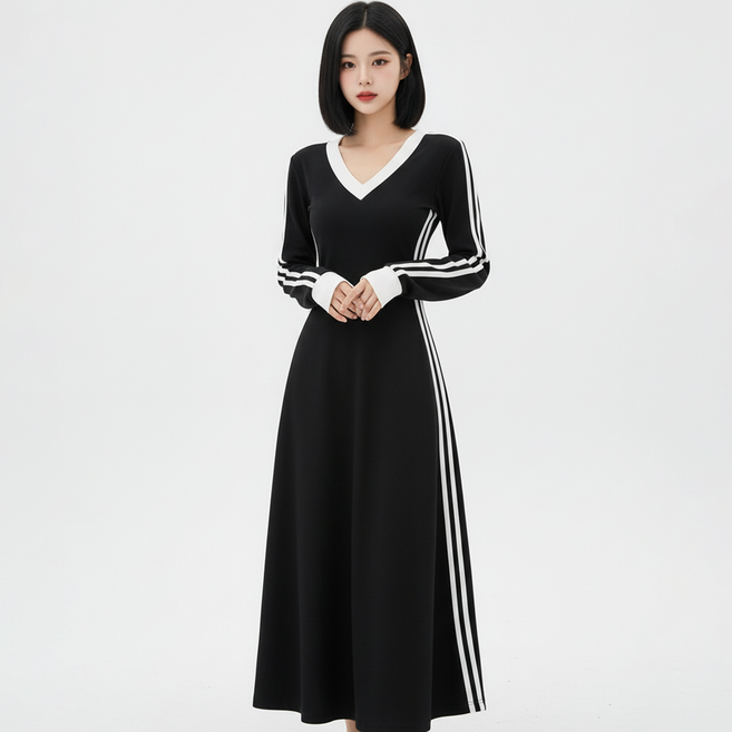마켓피아 여성용 V넥 트랙 라인 포인트 롱 원피스