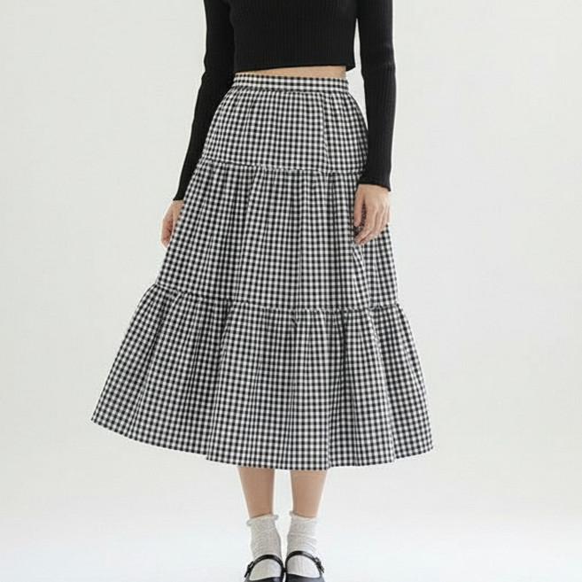 마켓피아 여성용 체크 격자 레이어 밴딩 롱 스커트