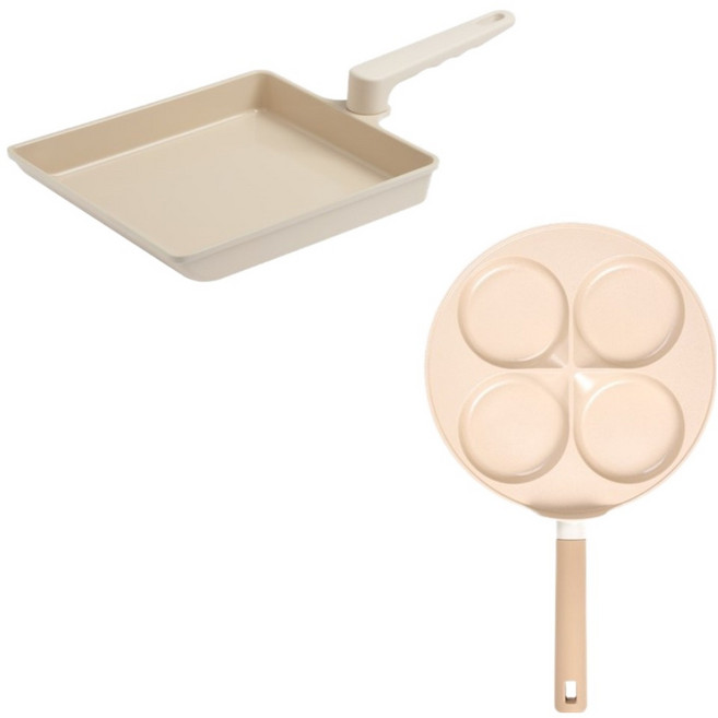 트루쿡 인덕션 IH 세라믹 프라이팬 세트 2개, 자이언트 계란말이팬 + 4구 에그팬, 1세트, 베이지