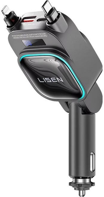 LiSEN 4in1 릴타입 차량용 시거잭 고속충전기 100W, 블랙, YQ0225090004