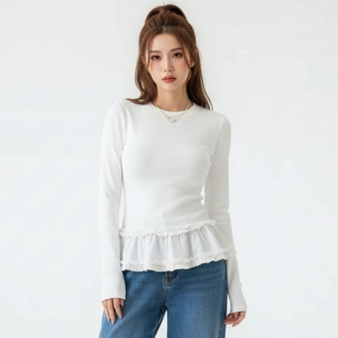 구디프 여성용 슬림핏 프릴 레이어드 이너 데일리 긴팔 티셔츠