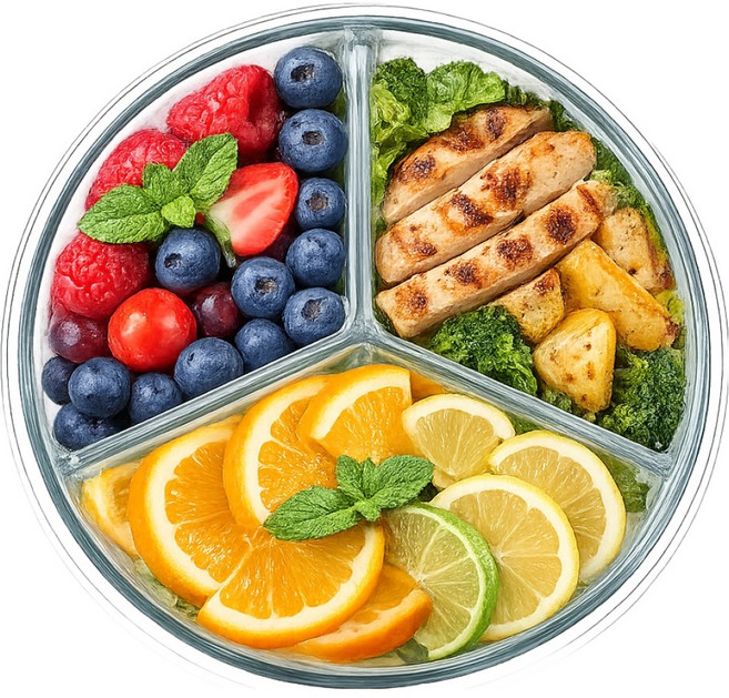 발룬피니 내열유리 나눔 칸막이 밀폐용기 원형 3칸, 1개, 930ml