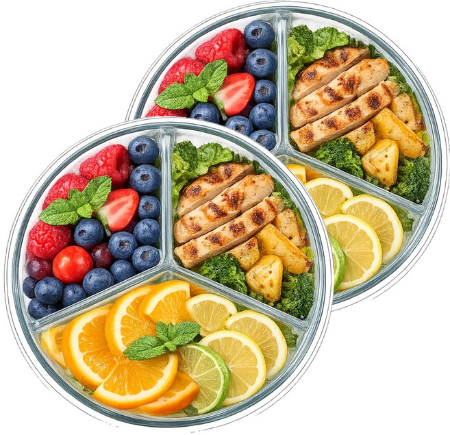 발룬피니 내열유리 나눔 칸막이 밀폐용기 원형 3칸, 2개, 930ml