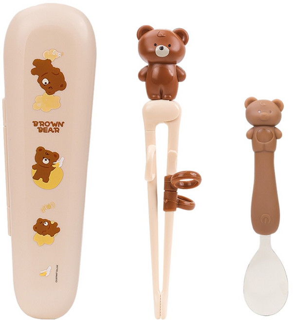 릴팡 더스틱 맥스 왼손용 젓가락 + 스푼 + 케이스 세트, 브라운베어, 1세트