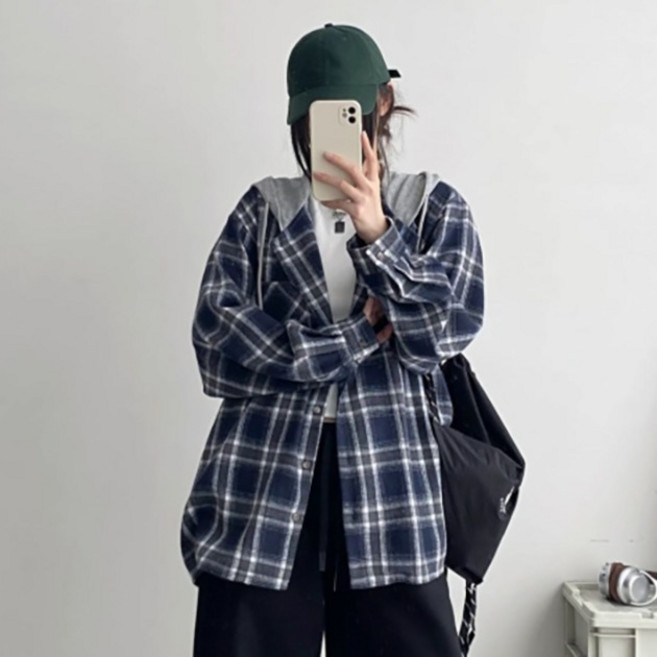 페이릿 여성용 빅사이즈 오버핏 체크 후드 데일리 셔츠